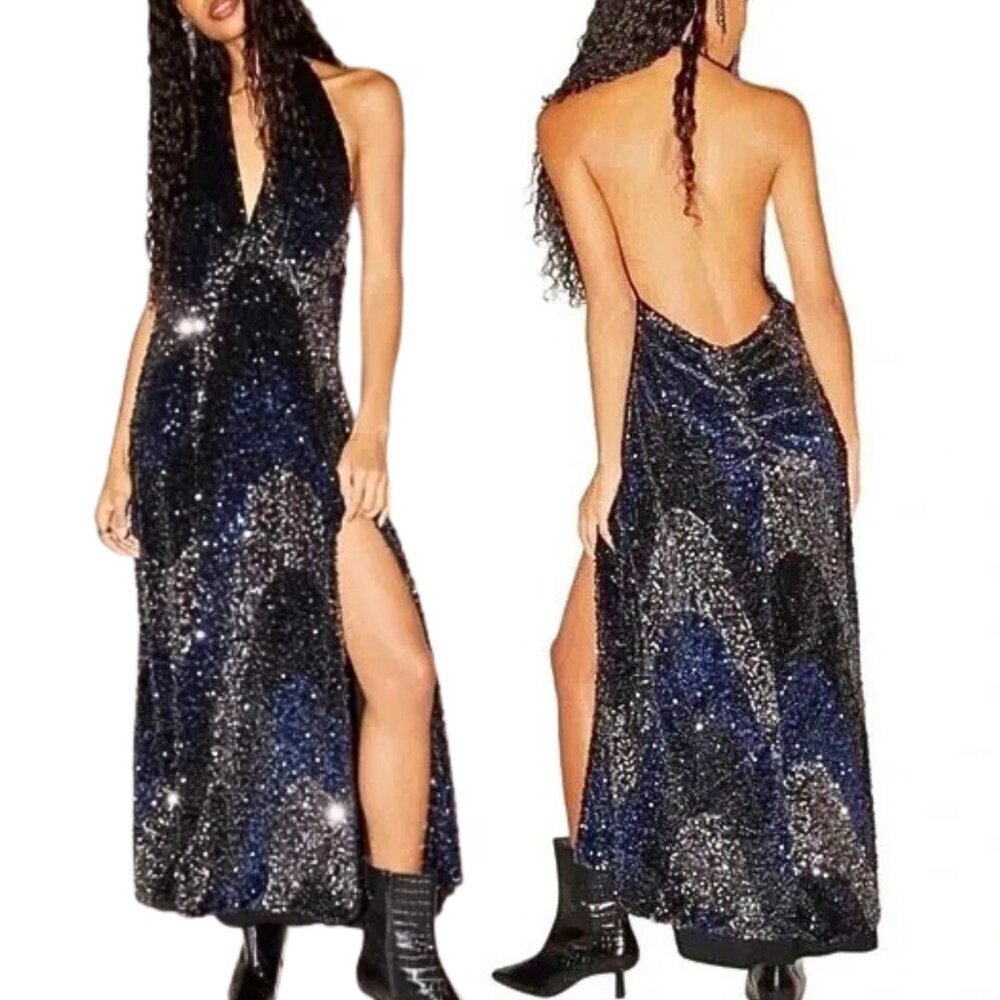 Free People NWT Blue Black Silver‎ Sequined Halter Neck Party Prom Dress Large